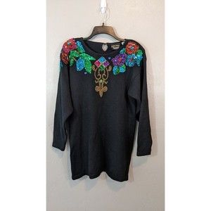 VTG Trimmings Womens Medium Black Floral Sequin Ramie Cotton Tunic Sweater